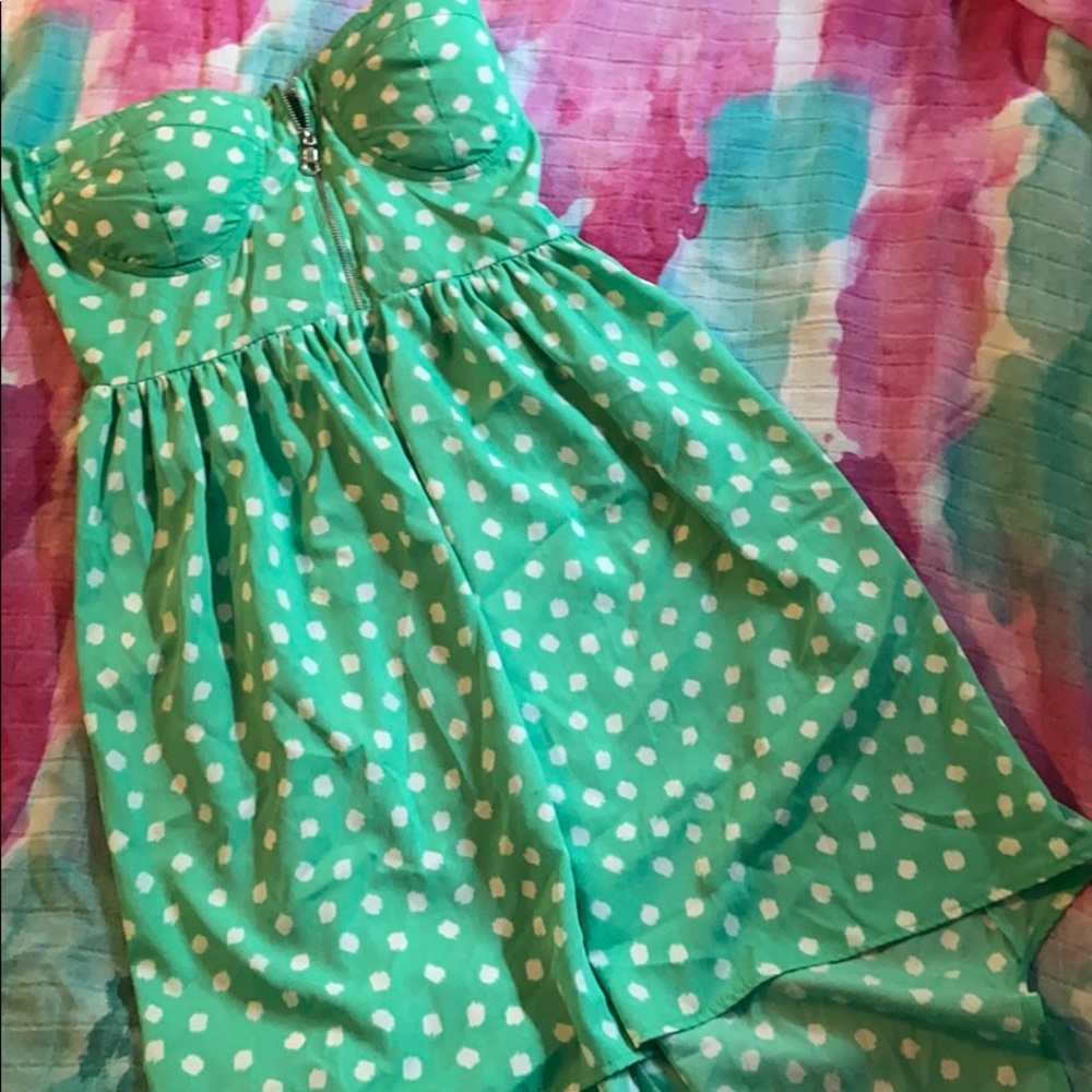 Love Ari high low green dot strapless dress